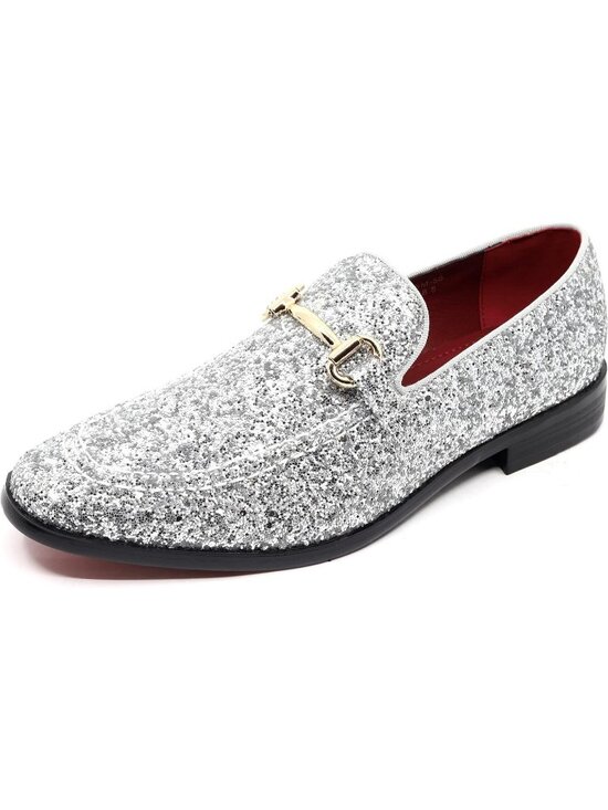 Metrocharm Men\'s Silver Glitter Rubber Velvet Loafers Gold Buckle Slip On Shoes main image 7